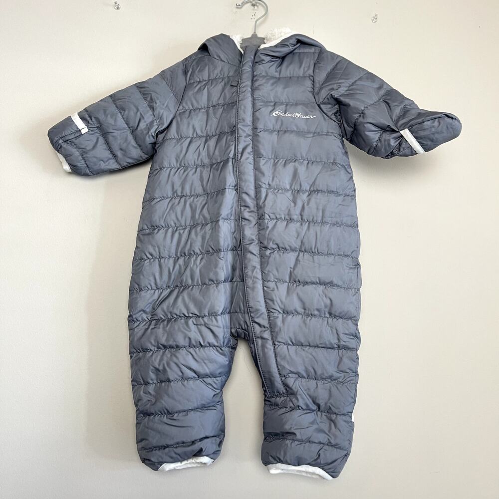 Eddie Bauer Infant Down Baby Puffer Snowsuit Gray Fleeced Hood‎ Sz 3M